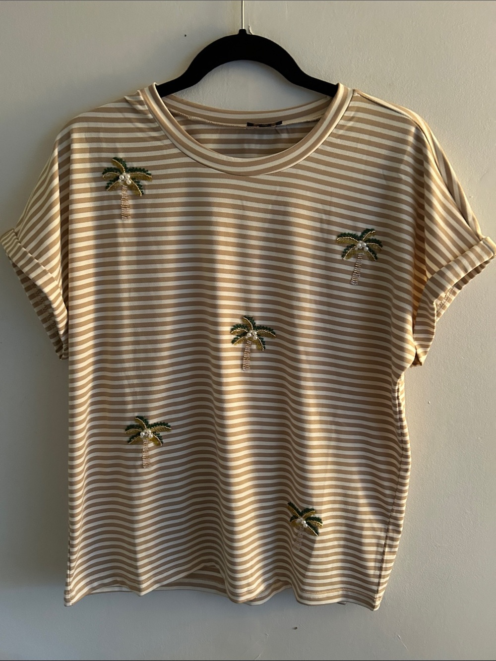Beige & White Striped Palm Embroidered T-Shirt